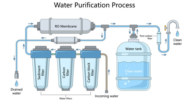 reverse osmosis water purification process with labeled filters, clean water tank, and flow directions diagram hand drawn schematic vector. Science educational illustration