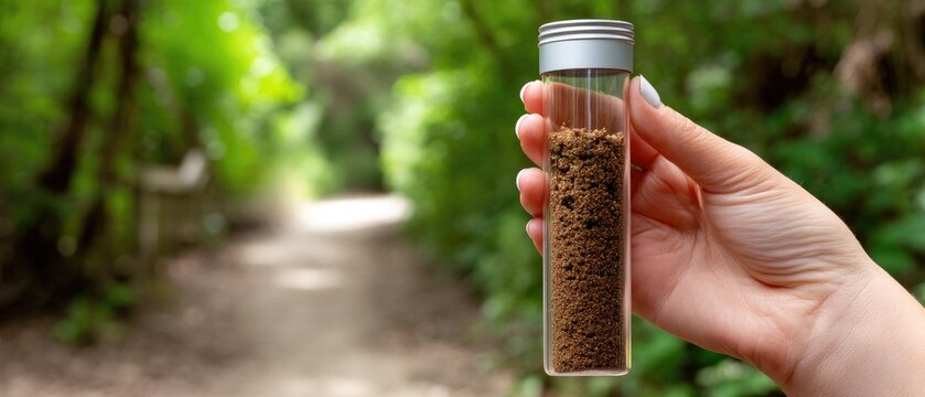 Hand holds test tube with soil in a green area while a scientist studies the environment and nature