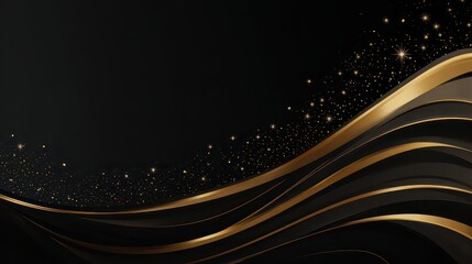 Elegant Black and Gold Abstract Background with Wavy Lines and Glittering Accents Ideal for Luxurious Designs and Sophisticated Presentations