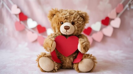 Cuddly teddy bear holding red heart on valentine's day