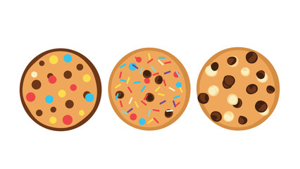Fototapeta premium Delightful illustration of three decorated cookies, including chocolate chip, M&M, and sprinkle varieties, perfect for a sweet treat.