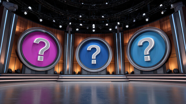 Question mark game show colorful stage spotlight studio bright entertainment quiz competition game show stage with three large colorful question