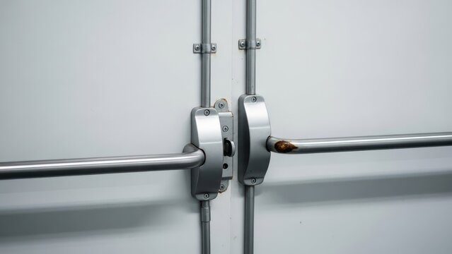 Close-up of a push bar emergency exit on a plain white door