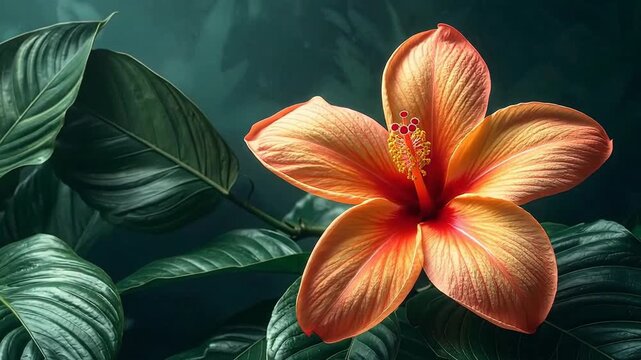 Vibrant orange hibiscus flower with lush green leaves against a dark background.