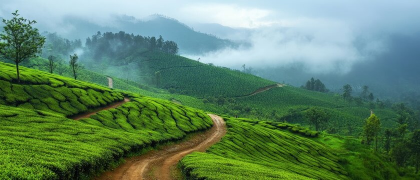 Lush green tea plantations in munnar india on misty morning
