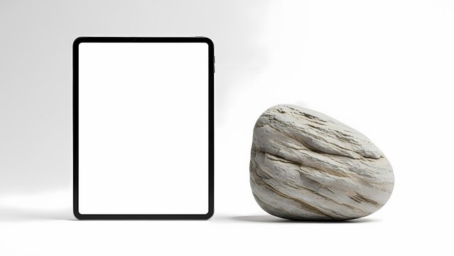 Digital tablet with blank screen next to a smooth stone