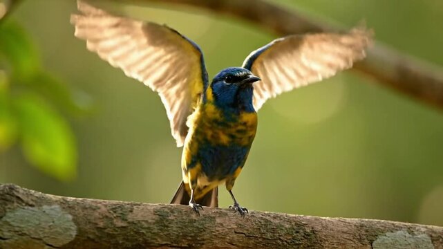 Bird with vibrant plumage perched on branch with outstretched wings in natural outdoor setting viewed from the side