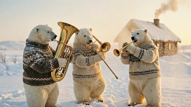 Polar Bear Brass Band Performing in Snowy Winter Landscape with Cabin.