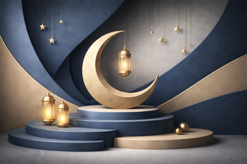 Elegant Ramadan Scene with Crescent Moon, Lanterns, and Stars
