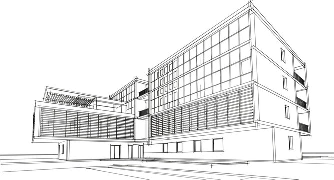 Modern multi story commercial office building architectural wireframe 3D sketch vector illustration isolated on white for construction design