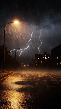 A powerful lightning bolt illuminates a dark, empty city street during a heavy rainstorm. This dramatic and moody image is perfect for illustrating tu