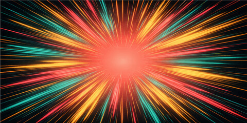 Fototapeta premium Vibrant abstract vector background featuring a colorful starburst explosion of light rays and fractal patterns in a glowing rainbow design of red, orange, and pink energy