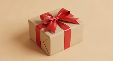 Obraz premium Single Classic Brown Wrapped Gift with a Red Bow on Beige Background