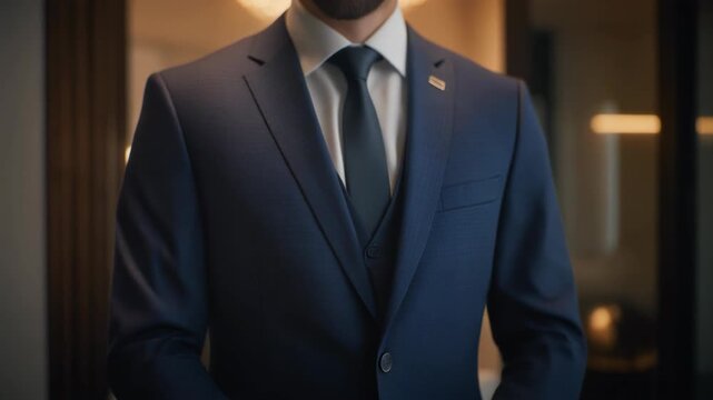 Close-up of a businessman buttoning up his blue suit jacket in 4k 24 fps (सूट की बटन बंद करते हुए व्यवसायी)