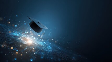 Graduation Cap Floating Above Glowing Blue Particle Stream on Dark Blue Background Emphasizing Education Achievement and Futuristic Learning Environment with Dynamic Lighting