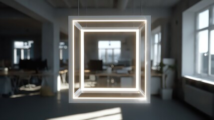 Illuminated White Cube Pendant in Open Office Space with Natural Light and Blurred Background