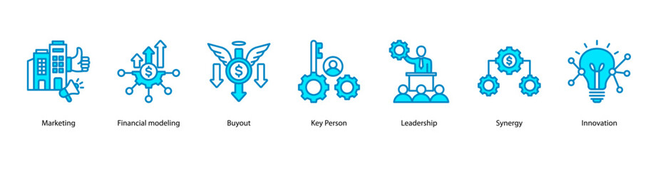 Obraz premium Financial Growth web banner icon vector illustration featuring Marketing, Financial modeling, Buyout, Key Person, Leadership, Synergy, and Innovation.
