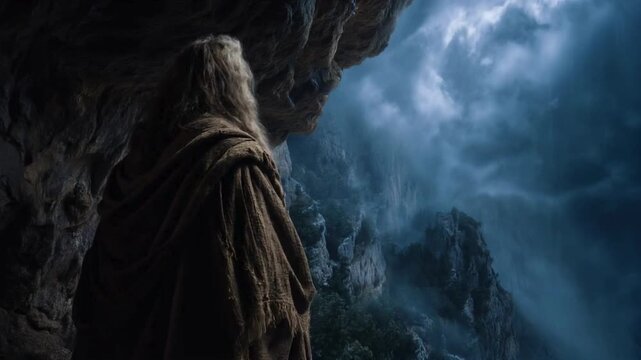 Prophet Elijah waiting in a cave on Mount Horeb.
Old bearded man in a robe praying in solitude amidst a dramatic storm and dark blue atmosphere.
He awaits answer from JHWH.