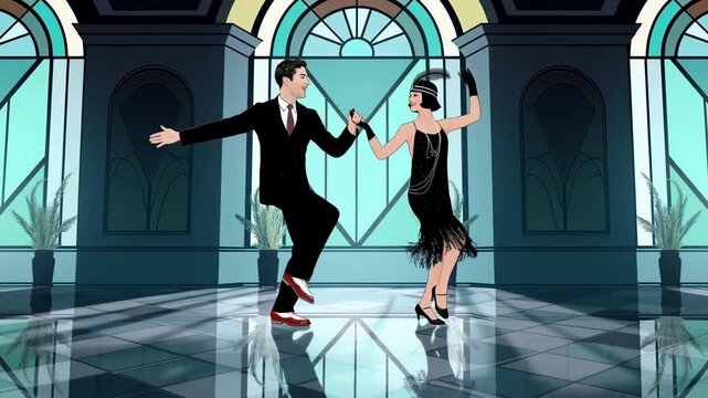 Sophisticated Dance Partners Flawlessly Coordinating Their Movements Inside Richly Decorated Art Deco Interior