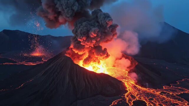Drone footage of a powerful erupting volcano with lava in 4k 24 fps (फटते हुए ज्वालामुखी का ड्रोन फुटेज)