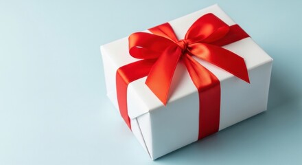 Front Perspective of a Classic White Wrapped Present with Crimson Silk Ribbon