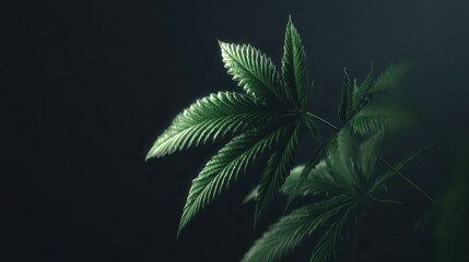 Macro Photo of Green Cannabis Plant on Black Background with Dramatic Lighting Depicting Medical Marijuana Close Up and Revealing Leaf Texture Under Bright Lights