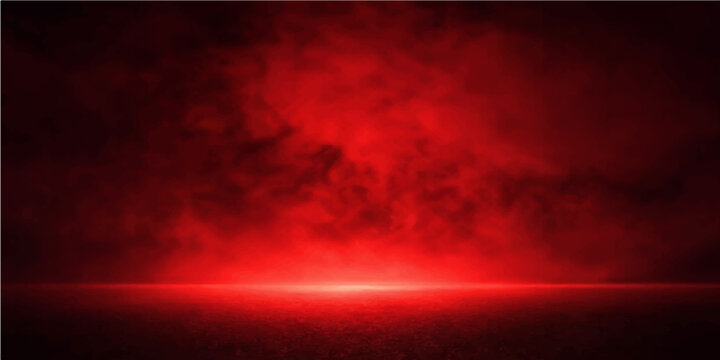 Abstract red background with fractal white smoke design featuring dark fire textures and a sunset cloudscape backdrop over a deep space horizon