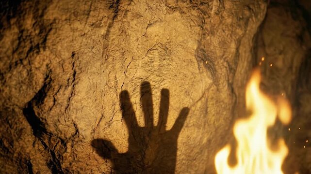 Hand shadow moves across cave wall beside flickering firelight in prehistoric rock shelter interior scene