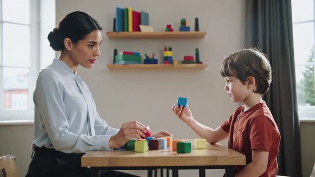 Child and adult playing with colorful wooden blocks on table, educational activity for learning and development, interaction and focus in home environment.