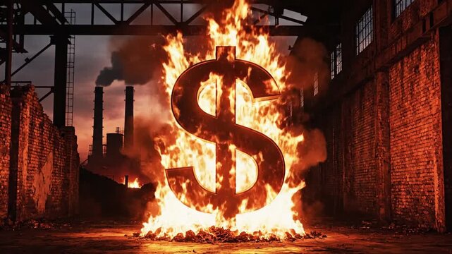A large burning dollar sign on fire in a destroyed industrial building with sparks flying everywhere, symbolizing economic crisis or financial loss