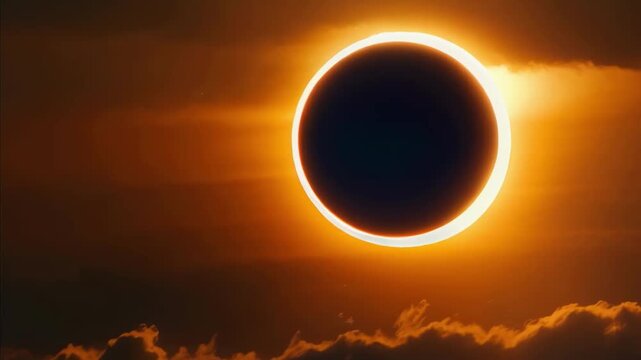 A stunning total solar eclipse creates a bright ring of fire against a deep orange sky filled with soft clouds, capturing a breathtaking celestial moment.