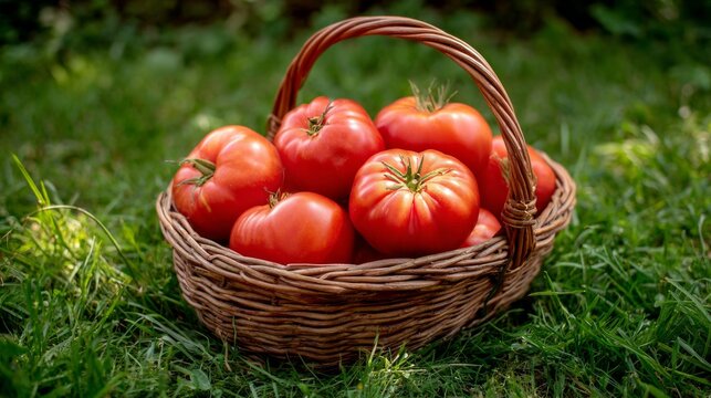 A basket full of red tomatoes on a grassy field