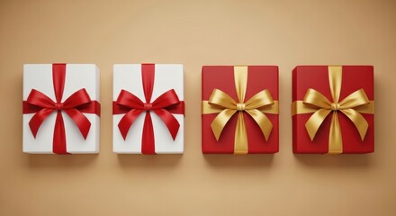 Obraz premium Overhead Symmetrical Layout of Red and White Striped Christmas Boxes