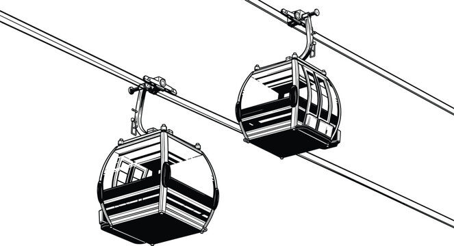 Cable car gondola lift vector illustration in black and white line art style for mountain transport tourism design, isolated on white background