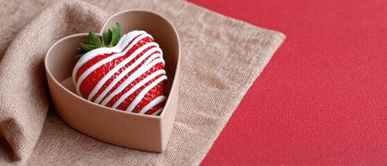 Obraz premium Strawberry covered in white chocolate and striped with red inside heart-shaped box on simple background from top view during daylight