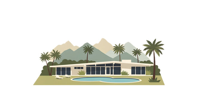 Tiny vector modern home kidney pool grass palms peaks