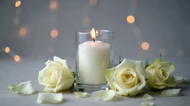 White candle with white roses in a calm memorial setting suitable for funeral and condolence design