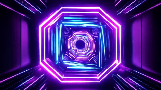 Neon-lit tunnel with octagonal center, glowing blue and pink lights, futuristic corridor in a dark space station or sci-fi environment, possibly used for technology or architecture presentation