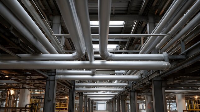 Industrial facility interior with a complex network of multiple overhead pipe systems and steel structures