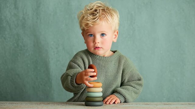 A cute little boy with blonde, curly hair and blue eyes carefully plays with a stacking toy, removing the top ring with concentration.