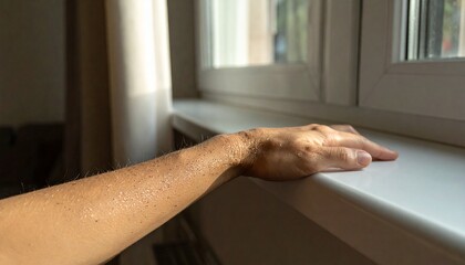 Sunlit Human Arm with Skin Texture and Water Droplets by Window in Natural Light