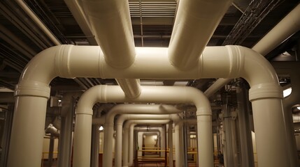 Obraz premium A sophisticated arrangement of large white industrial pipes forms a complex network within a sterile mechanical room environment