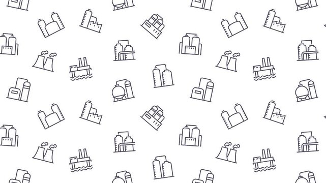 Factory seamless pattern, animated dark grey industrial factory building icons background, refinery power plant line art seamless loop, video motion graphics