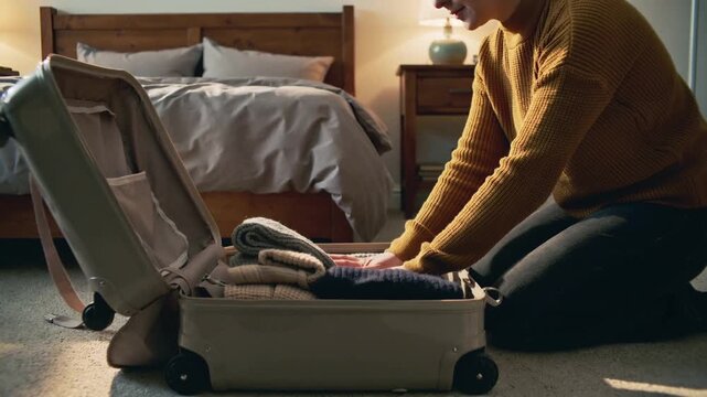 Woman packing clothes in suitcase at home, organizing folded sweaters for travel or trip preparation. Cozy room with bed and soft natural light for packing process.
