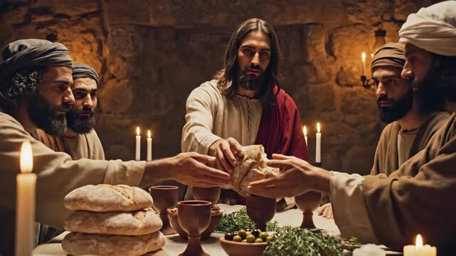 Cinematic slow-motion depiction of Jesus Christ sharing bread with apostles during the Last Supper biblical scene, spiritual communion ritual with holy atmosphere in dramatic 4K quality.