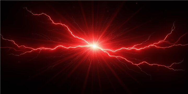 A futuristic motion art illustration of glowing blue and red plasma lightning flashing in the dark night sky with fractal energy waves and bright star effects on a black technology wallpaper