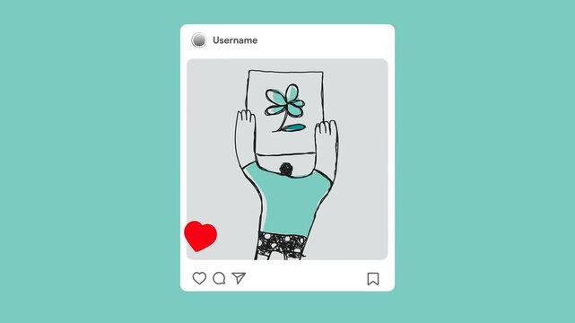 Animated social media app. Photo feed interface overlay. Scrolling instagram posts with heart likes. Personal blog photo sharing screen visualization. 4K Mov Alpha Video with transparent background