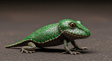 Fototapeta premium A small green lizard standing on a dark gray surface with its head turned to the right.