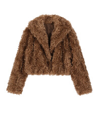 Brown fuzzy cropped jacket with shawl collar and long sleeves isolated on transparent background