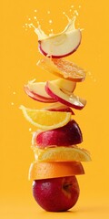 Vibrant fruit splash with apples and oranges on orange background